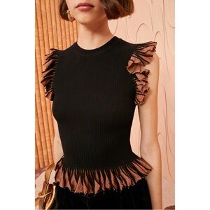 Ulla Johnson Black Ribbed Tank with Copper Ruffle Trim